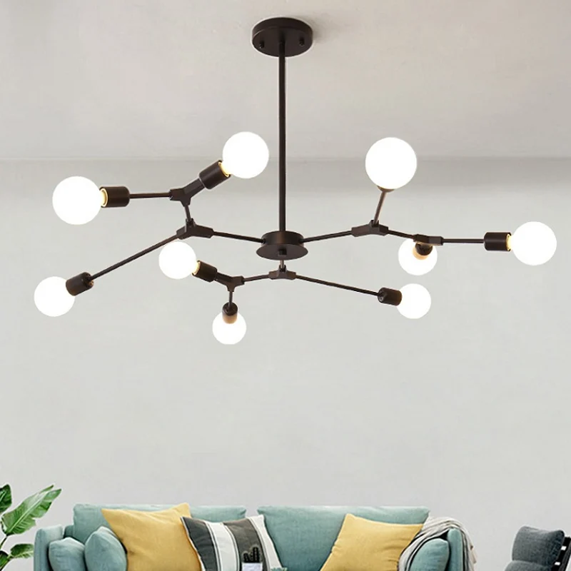 Postmoderne verstelbare hanglamp met tak, metallic 6/9 lichts, woonkamerkroonluchter zwart/goud Clearhalo