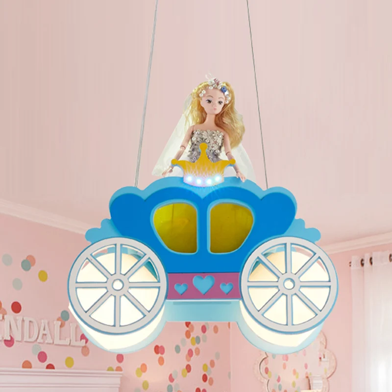 Princess Carriage plafondlamp kinderen matglas 2 lampen blauwe multi-licht hanger voor slaapkamer Clearhalo