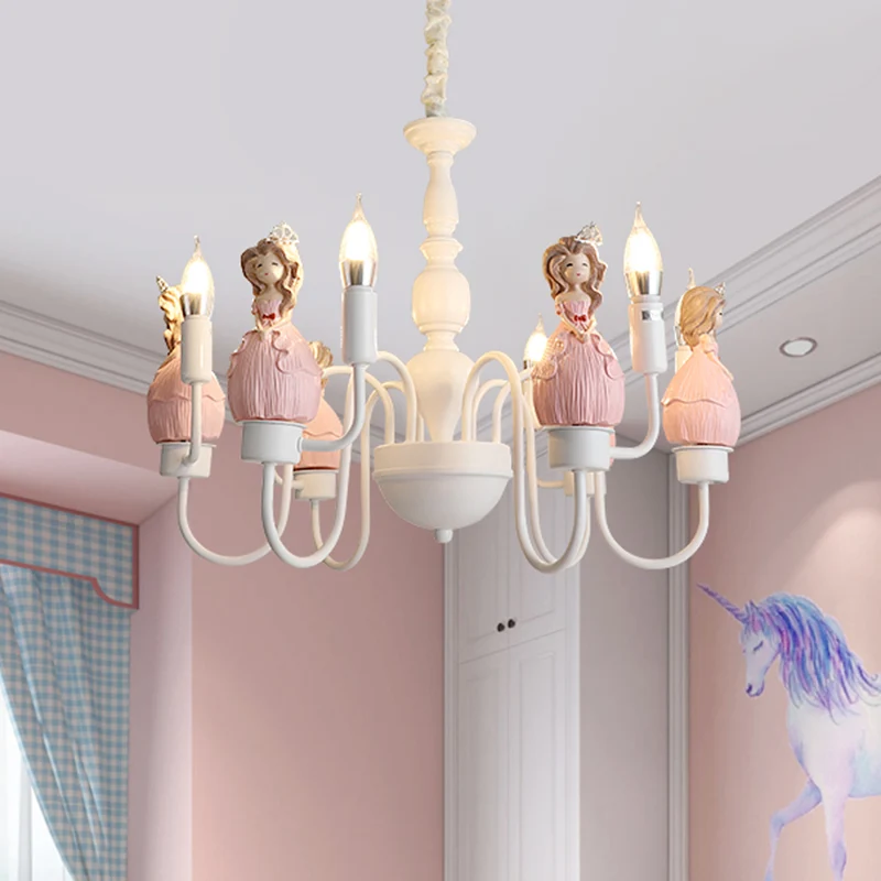Princess Hars Hanglamp Kit Cartoon 6 Lampen Roze en Witte Kaars Kroonluchter Hanglamp Clearhalo
