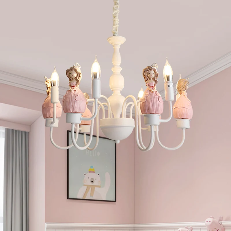 Princess Hars Hanglamp Kit Cartoon 6 Lampen Roze en Witte Kaars Kroonluchter Hanglamp Clearhalo