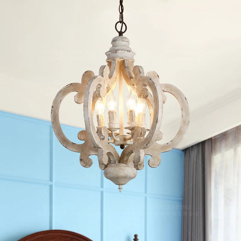 Quatrefoil kooi slaapkamer hangende verlichting rustiek hout 6 koppen noodlijdende witte kroonluchter lichtarmatuur Clearhalo