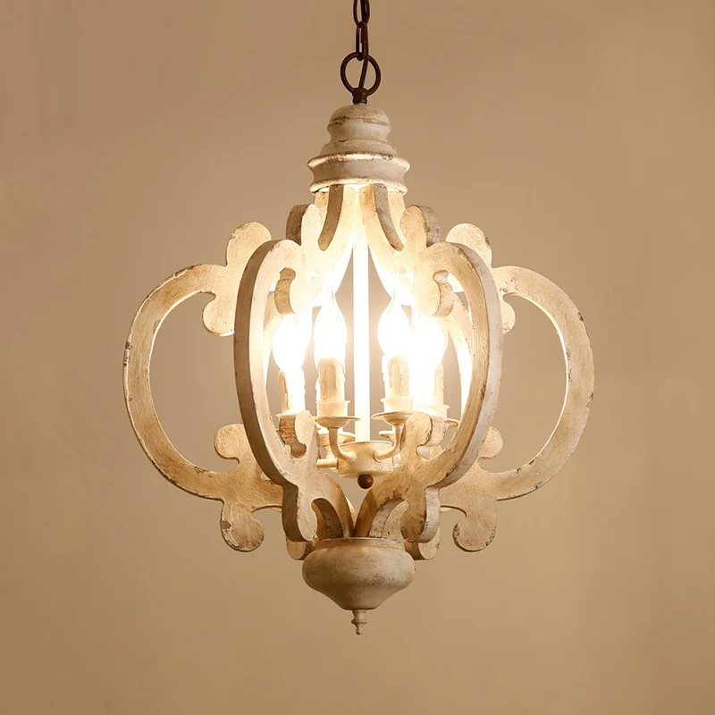 Quatrefoil kooi slaapkamer hangende verlichting rustiek hout 6 koppen noodlijdende witte kroonluchter lichtarmatuur Clearhalo