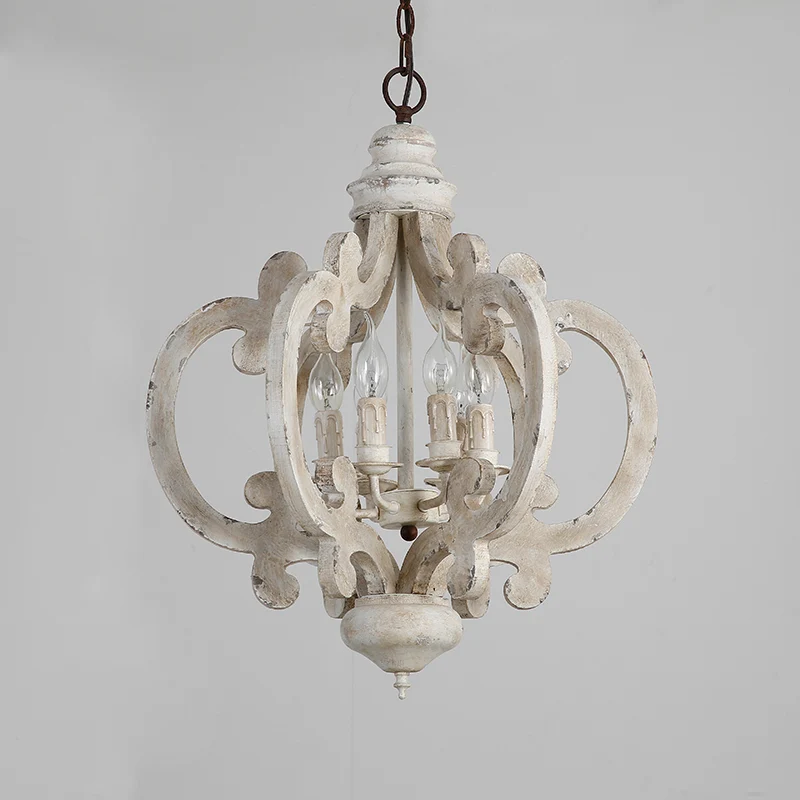 Quatrefoil kooi slaapkamer hangende verlichting rustiek hout 6 koppen noodlijdende witte kroonluchter lichtarmatuur Clearhalo