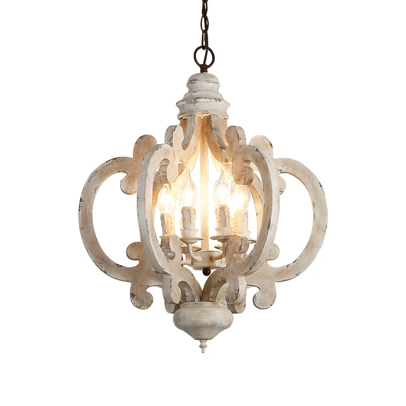 Quatrefoil kooi slaapkamer hangende verlichting rustiek hout 6 koppen noodlijdende witte kroonluchter lichtarmatuur Clearhalo