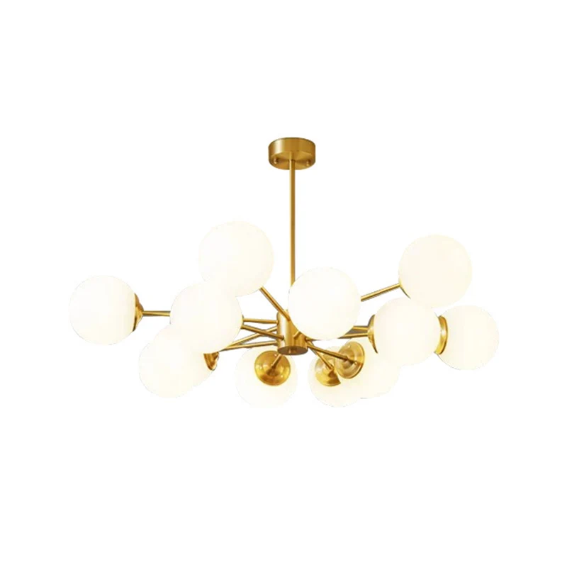 Radiaal hangende kroonluchter Scandinavische metalen woonkamer hanglamp met bal crèmekleurige glazen kap messing Clearhalo