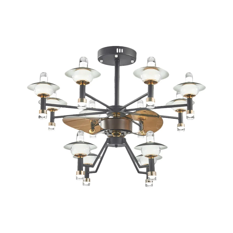 Radiale plafondventilator licht modernistisch metallic 90 cm breed 12 lampen zwart-goud semi-inbouwmontage, 3 bruine blade...
