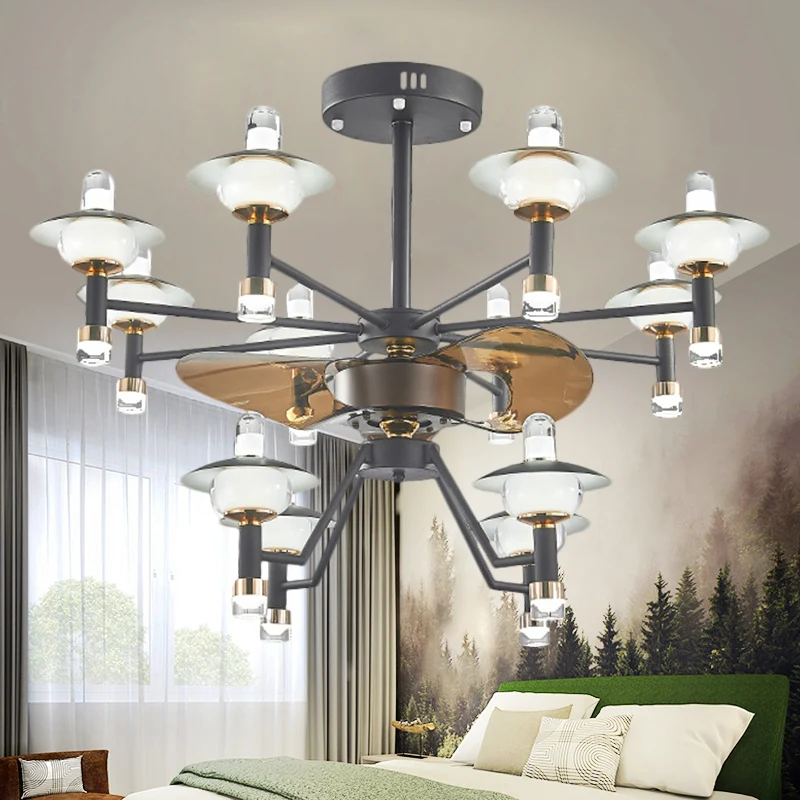 Radiale plafondventilator licht modernistisch metallic 90 cm breed 12 lampen zwart-goud semi-inbouwmontage, 3 bruine blade...