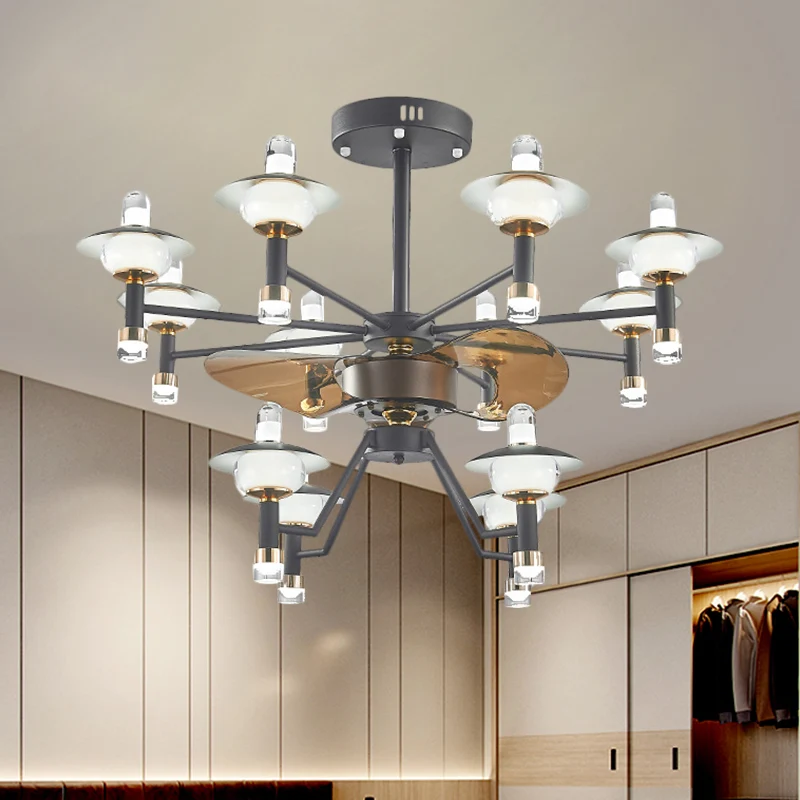 Radiale plafondventilator licht modernistisch metallic 90 cm breed 12 lampen zwart-goud semi-inbouwmontage, 3 bruine blade...