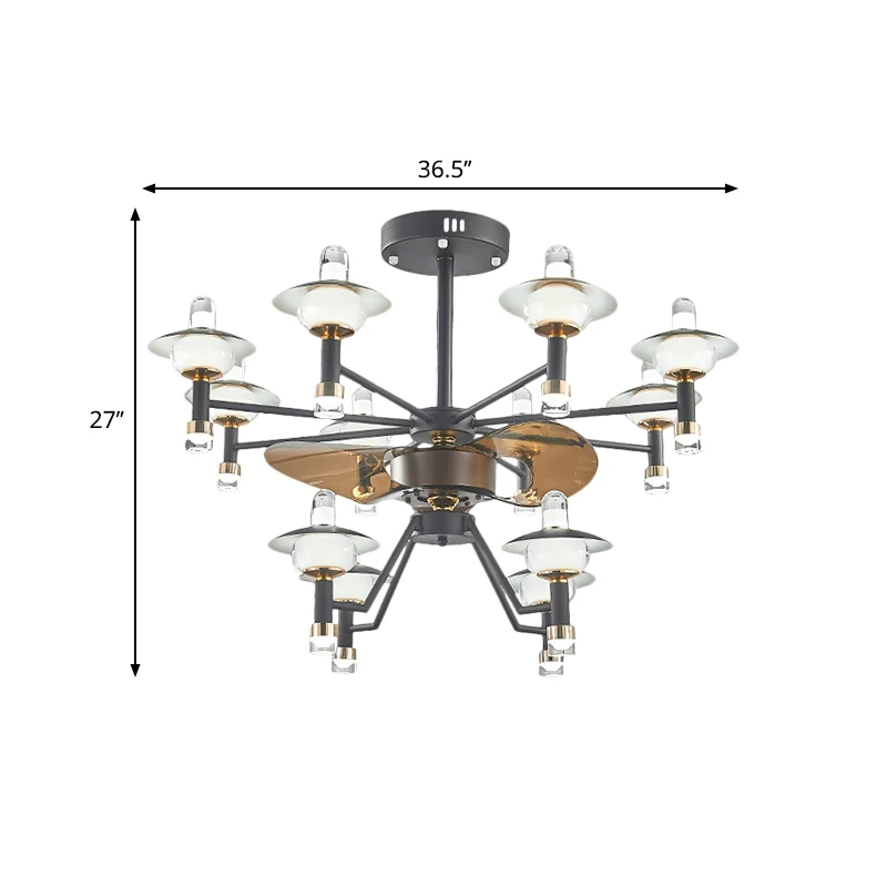 Radiale plafondventilator licht modernistisch metallic 90 cm breed 12 lampen zwart-goud semi-inbouwmontage, 3 bruine blade...