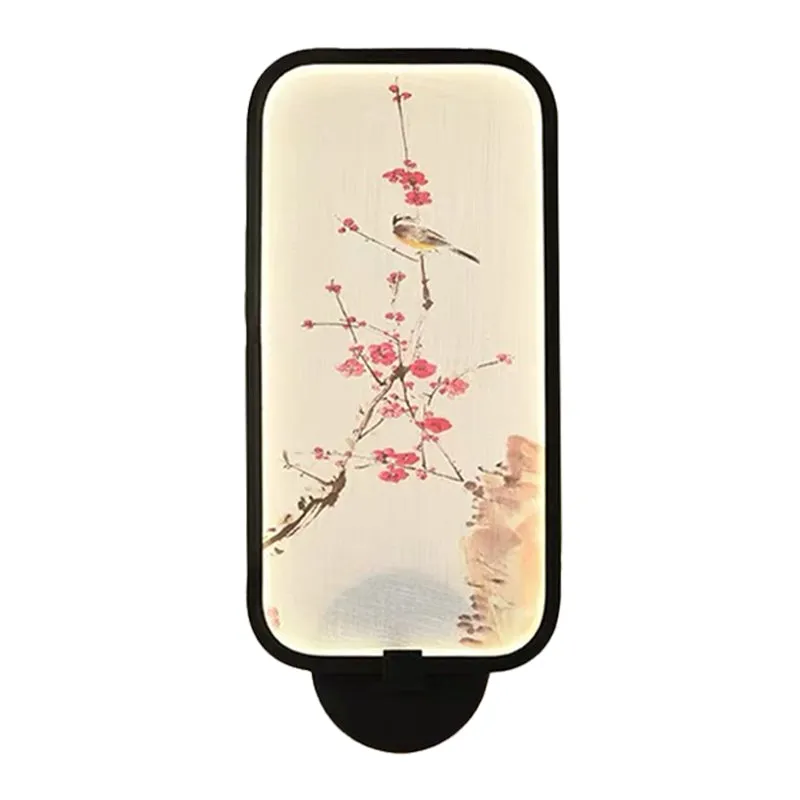 Rechthoekig acryl pruim en vogel muurschildering licht Chinese stijl LED zwart wandgemonteerd lichtarmatuur Clearhalo
