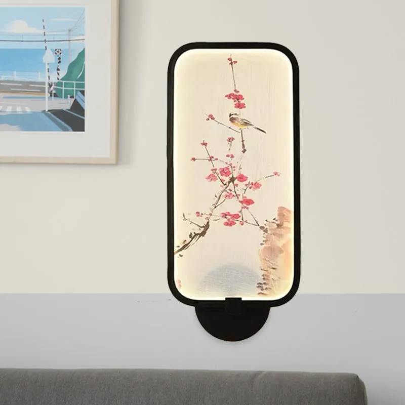 Rechthoekig acryl pruim en vogel muurschildering licht Chinese stijl LED zwart wandgemonteerd lichtarmatuur Clearhalo