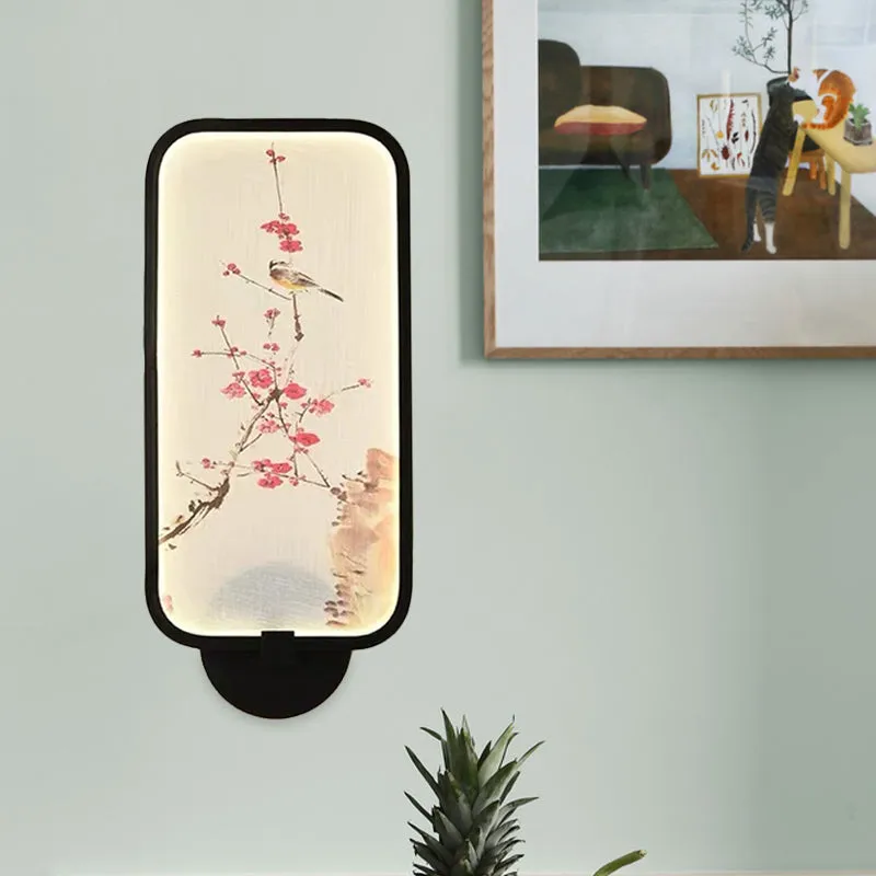 Rechthoekig acryl pruim en vogel muurschildering licht Chinese stijl LED zwart wandgemonteerd lichtarmatuur Clearhalo