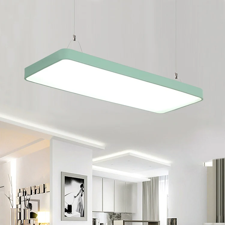 Rechthoekige hanglamp Eenvoud Metaal Led 47" lang wit/blauw/geel plafondhanglamp voor kantoor, 8"/12" breed Clearhalo