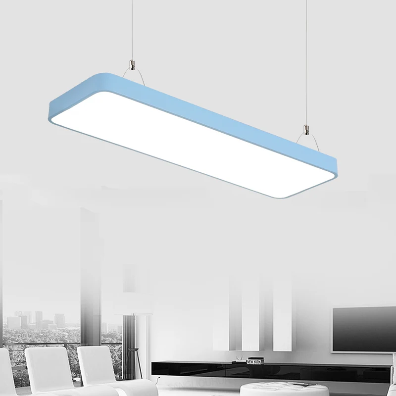 Rechthoekige hanglamp Eenvoud Metaal Led 47" lang wit/blauw/geel plafondhanglamp voor kantoor, 8"/12" breed Clearhalo