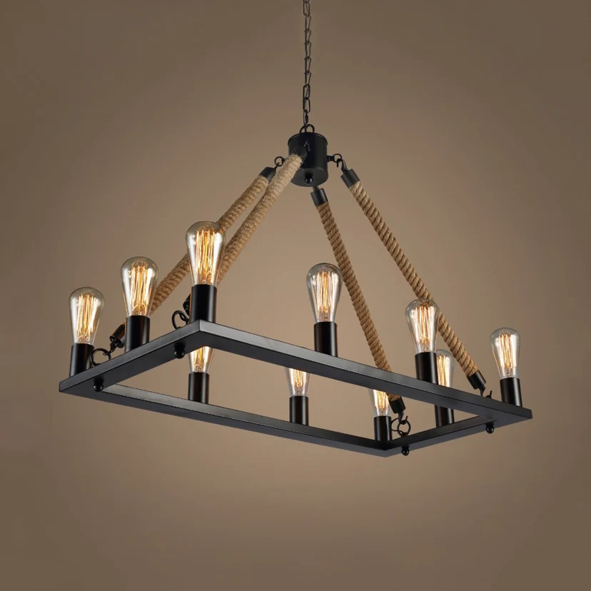 Rechthoekige hanglamp met 10/14 lampen en open lamp loftstijl zwart metallic en touweilandverlichting Clearhalo