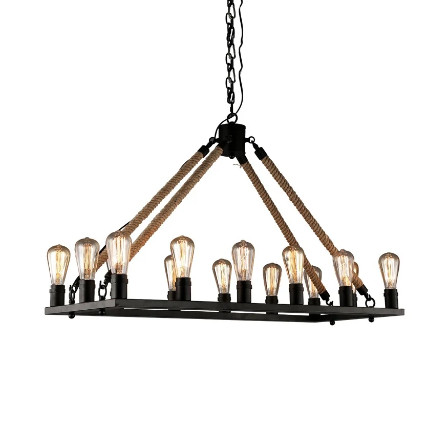 Rechthoekige hanglamp met 10/14 lampen en open lamp loftstijl zwart metallic en touweilandverlichting Clearhalo