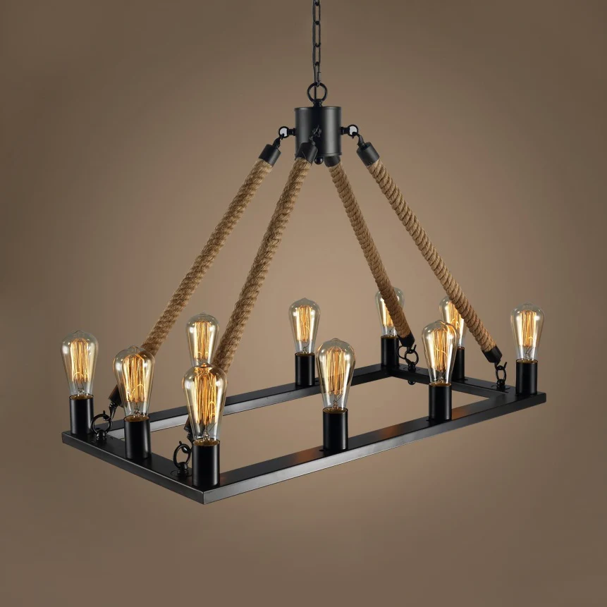 Rechthoekige hanglamp met 10/14 lampen en open lamp loftstijl zwart metallic en touweilandverlichting Clearhalo