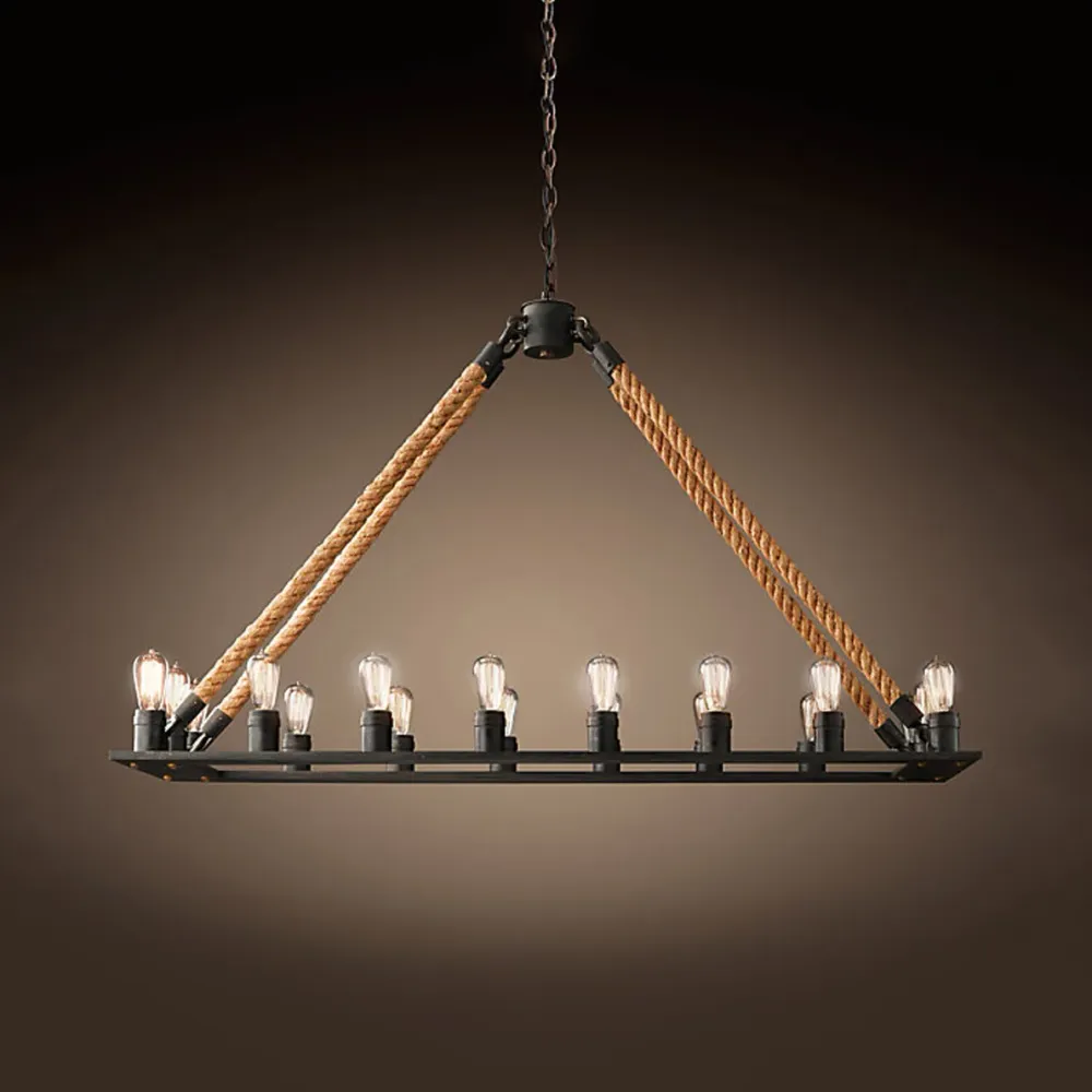 Rechthoekige hanglamp met 10/14 lampen en open lamp loftstijl zwart metallic en touweilandverlichting Clearhalo