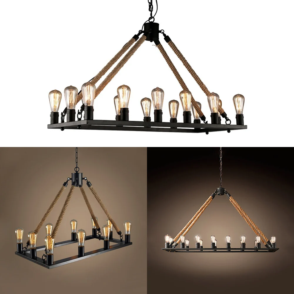 Rechthoekige hanglamp met 10/14 lampen en open lamp loftstijl zwart metallic en touweilandverlichting Clearhalo