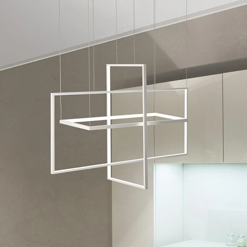 Rechthoekige hanglampset Minimalistisch metaal Wit 23,5"/31,5"/38" brede LED-hanglamp, warm/wit/natuurlijk licht Clearhalo