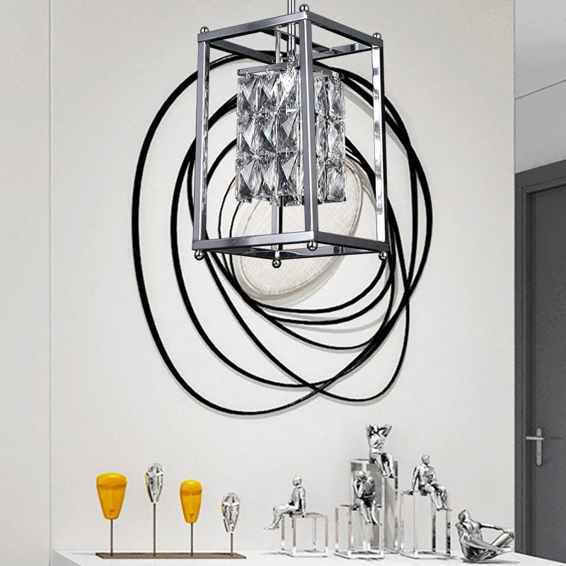 Rechthoekige kooi-balkon-hanglamp met heldere kristallen kap aan de binnenkant. Moderne 1-lichts plafondlamp nikkel Clearhalo