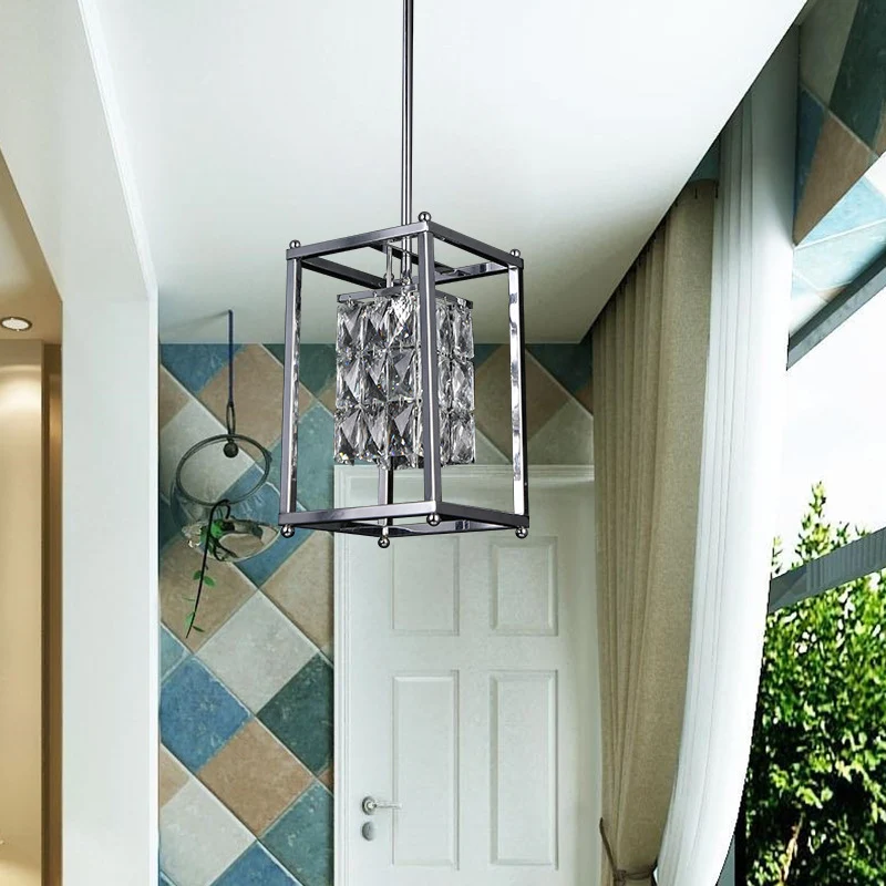Rechthoekige kooi-balkon-hanglamp met heldere kristallen kap aan de binnenkant. Moderne 1-lichts plafondlamp nikkel Clearhalo