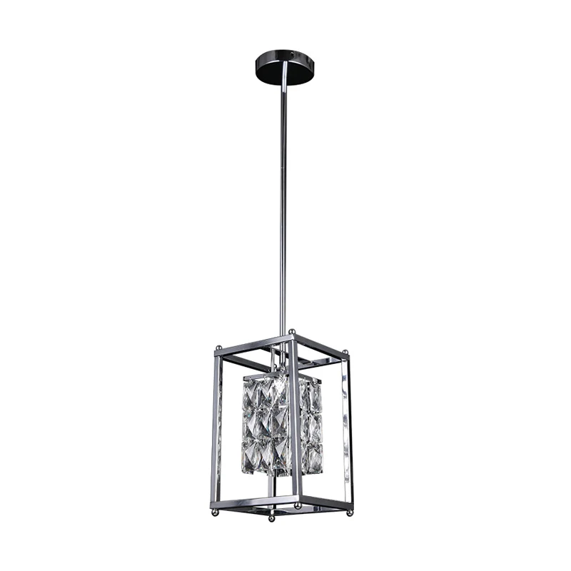 Rechthoekige kooi-balkon-hanglamp met heldere kristallen kap aan de binnenkant. Moderne 1-lichts plafondlamp nikkel Clearhalo