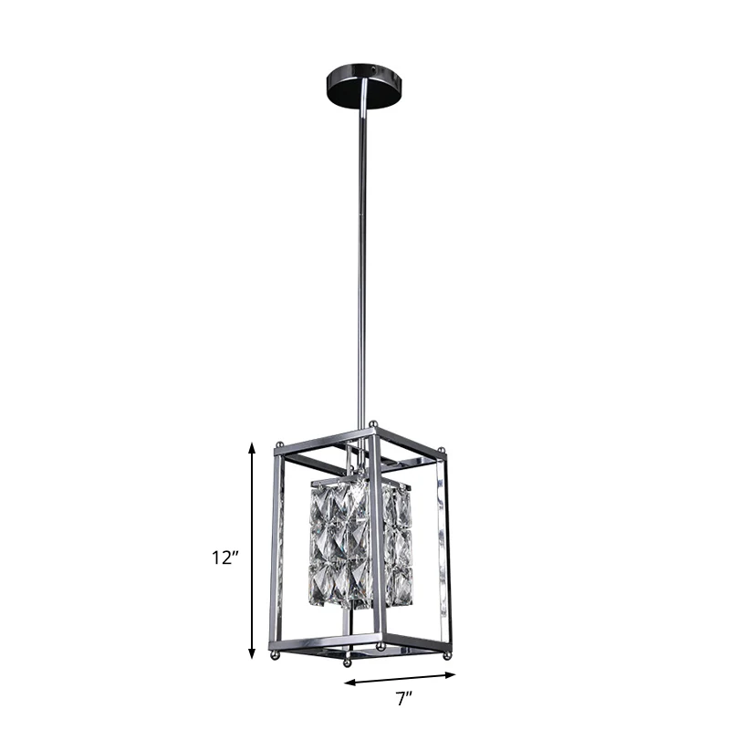 Rechthoekige kooi-balkon-hanglamp met heldere kristallen kap aan de binnenkant. Moderne 1-lichts plafondlamp nikkel Clearhalo