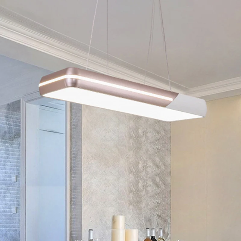Rechthoekige metalen hanglamp met ronde hoek, eenvoudige stijl, roségouden LED-hangende plafondlamp voor eetkamer Clearhalo