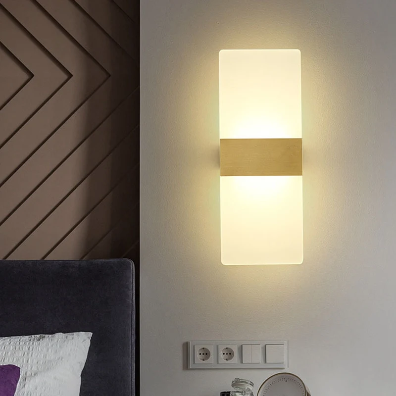 Rechthoekige, vlakke wandkandelaar, minimalistische acryl nachtkastjelamp met gouden band, warm/wit licht Clearhalo