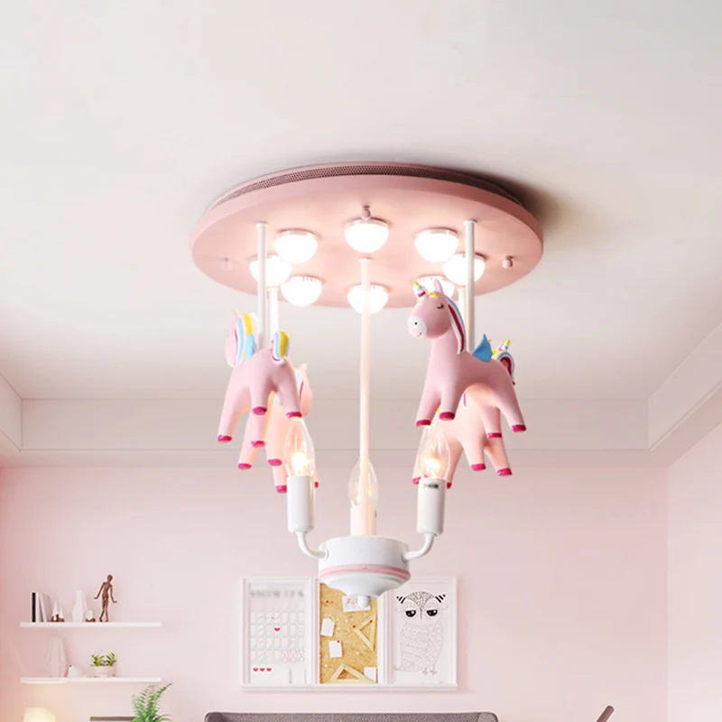 Regenboog Eenhoorn Hars Semi Flush Kids 3 Lampen Roze Flush Plafondlamp met Kaars Design Clearhalo