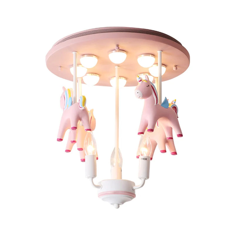 Regenboog Eenhoorn Hars Semi Flush Kids 3 Lampen Roze Flush Plafondlamp met Kaars Design Clearhalo