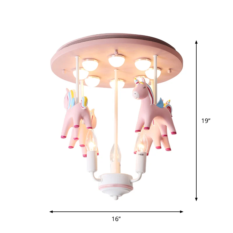 Regenboog Eenhoorn Hars Semi Flush Kids 3 Lampen Roze Flush Plafondlamp met Kaars Design Clearhalo