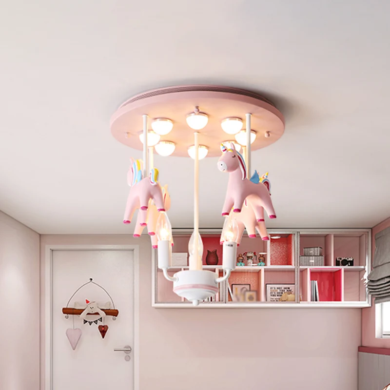 Regenboog Eenhoorn Hars Semi Flush Kids 3 Lampen Roze Flush Plafondlamp met Kaars Design Clearhalo
