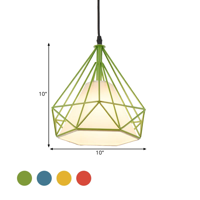 Retro Diamond Cage hanglamp 10"/15" dia 1 licht metalen hanglamp met stoffen kap groen/geel Clearhalo