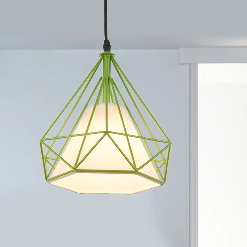 Retro Diamond Cage hanglamp 10"/15" dia 1 licht metalen hanglamp met stoffen kap groen/geel Clearhalo