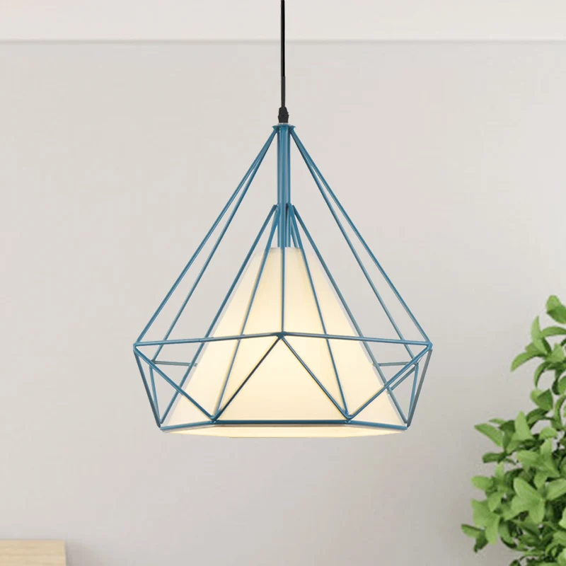 Retro Diamond Cage hanglamp 10"/15" dia 1 licht metalen hanglamp met stoffen kap groen/geel Clearhalo