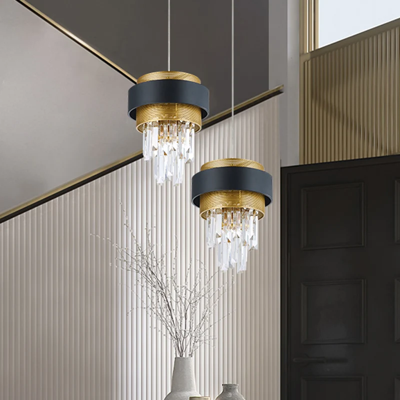 Retro gelaagde hanglamp, 1 lamp, kristallen staaf, ophangverlichting met zwarte en gouden cirkelbeschermer Clearhalo