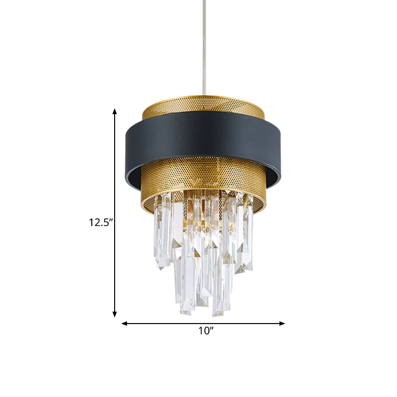 Retro gelaagde hanglamp, 1 lamp, kristallen staaf, ophangverlichting met zwarte en gouden cirkelbeschermer Clearhalo