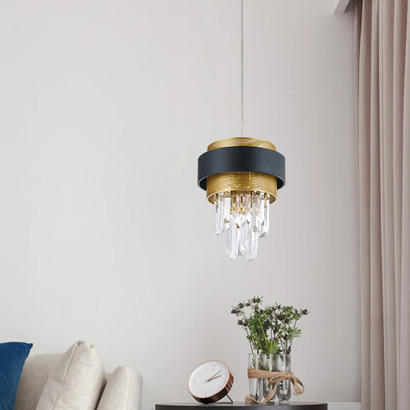 Retro gelaagde hanglamp, 1 lamp, kristallen staaf, ophangverlichting met zwarte en gouden cirkelbeschermer Clearhalo
