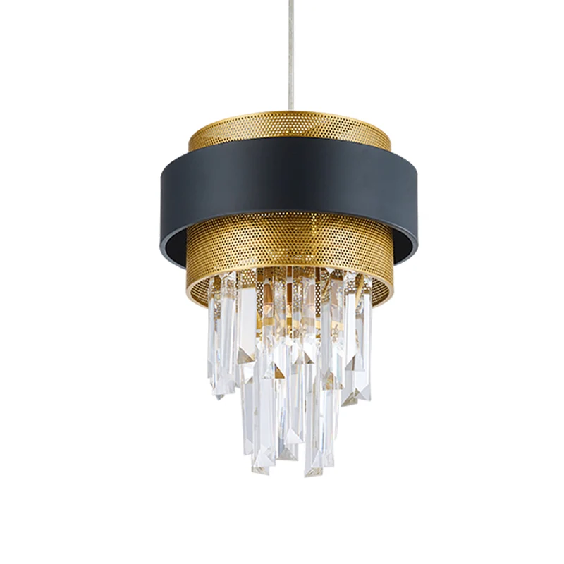 Retro gelaagde hanglamp, 1 lamp, kristallen staaf, ophangverlichting met zwarte en gouden cirkelbeschermer Clearhalo