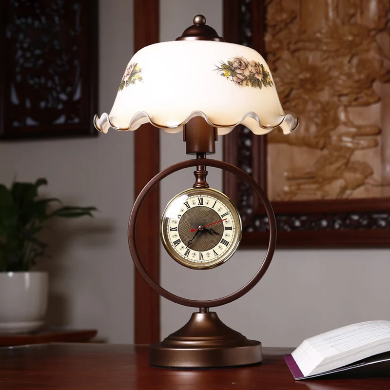 Roest 1 kop geplooide tafellamp Vintage opaline glazen koepel leesboeklamp met ring en klok Clearhalo