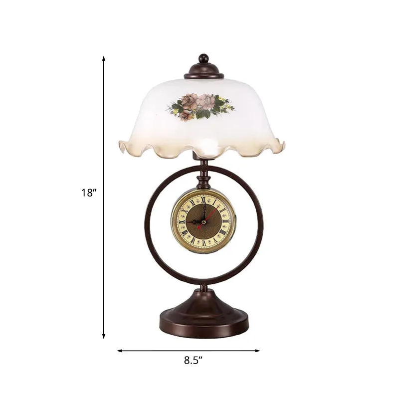 Roest 1 kop geplooide tafellamp Vintage opaline glazen koepel leesboeklamp met ring en klok Clearhalo