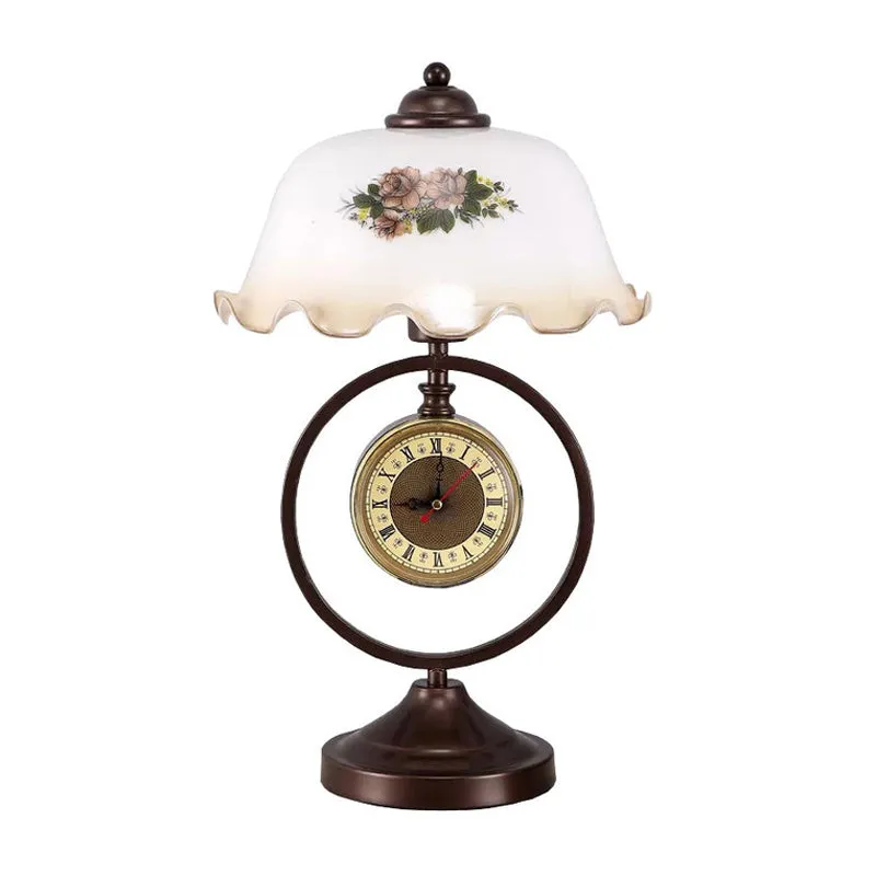 Roest 1 kop geplooide tafellamp Vintage opaline glazen koepel leesboeklamp met ring en klok Clearhalo