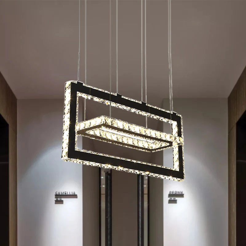 Roestvrijstalen rechthoekige plafondhanglamp Eigentijds K9-kristallen LED-kroonluchterlicht, warm/wit/3 kleurenlicht Clear...