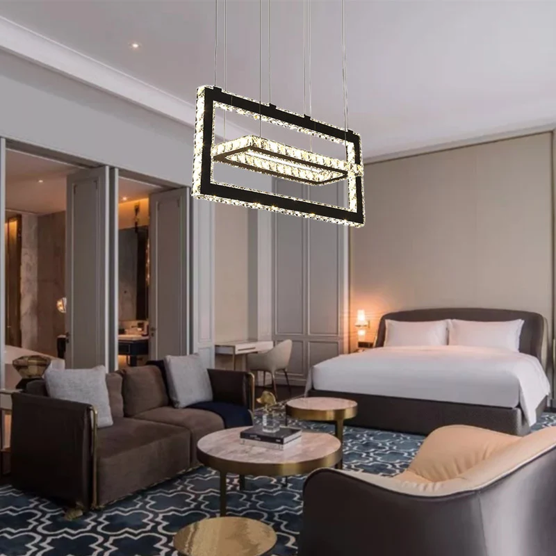 Roestvrijstalen rechthoekige plafondhanglamp Eigentijds K9-kristallen LED-kroonluchterlicht, warm/wit/3 kleurenlicht Clear...