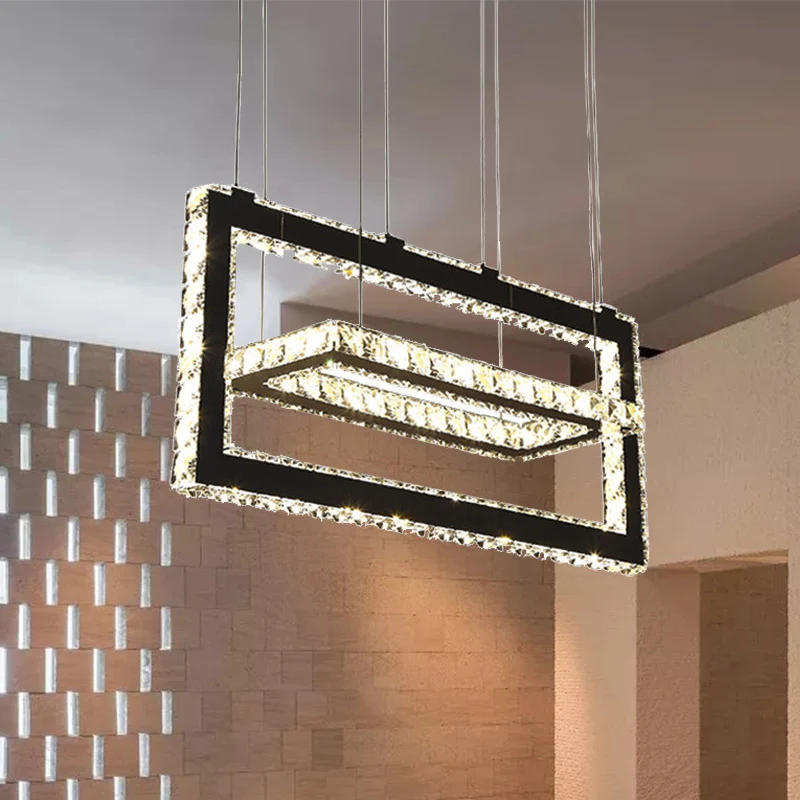 Roestvrijstalen rechthoekige plafondhanglamp Eigentijds K9-kristallen LED-kroonluchterlicht, warm/wit/3 kleurenlicht Clear...
