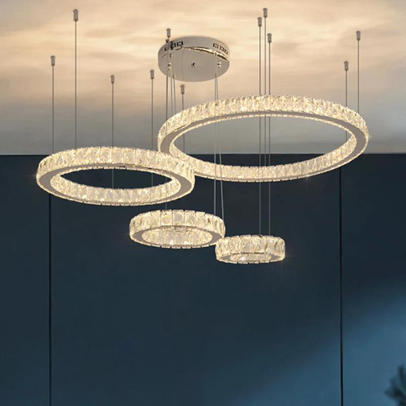 Roestvrijstalen ring LED-multi-plafondlamp Moderne kristallen ophangverlichting voor de woonkamer Clearhalo