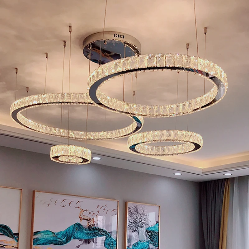 Roestvrijstalen ring LED-multi-plafondlamp Moderne kristallen ophangverlichting voor de woonkamer Clearhalo
