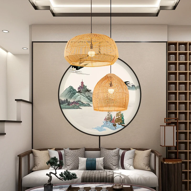 Ronde hangende verlichtingsarmatuur Aziatische stijl 1-lamps houten hanglamp voor balkon Clearhalo